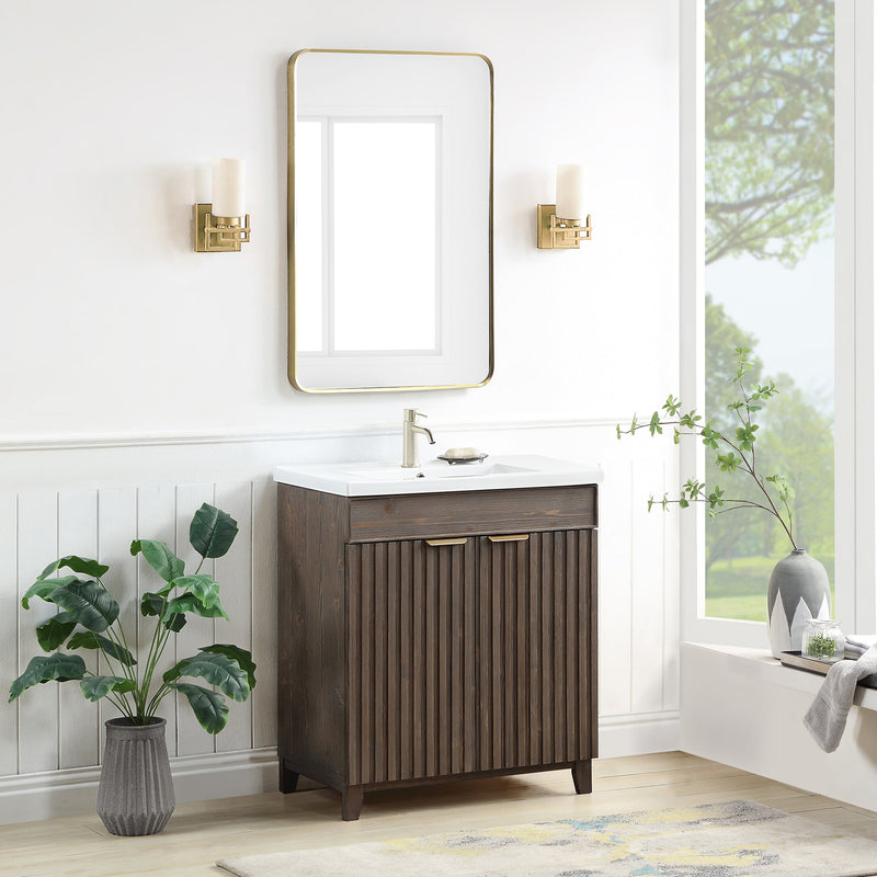 Vinnova 707630-SA-WH Palos 30" Free-standing Single Bath Vanity in Spruce Antique Brown with Drop-In White Ceramic Basin Top