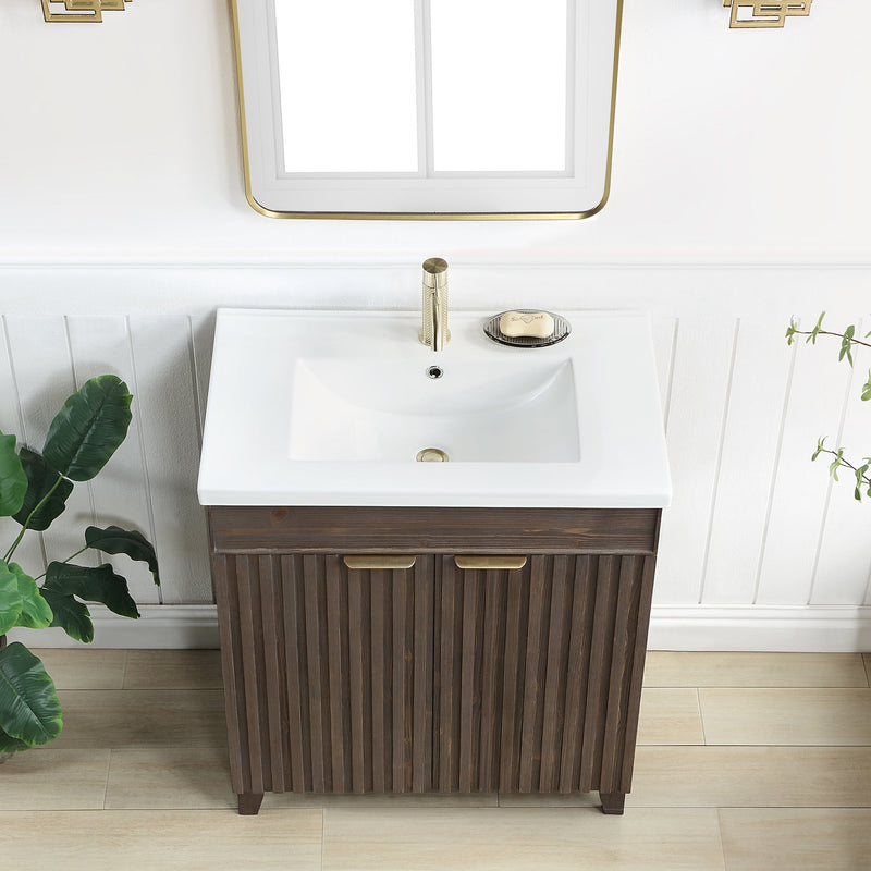 Vinnova 707630-SA-WH Palos 30" Free-standing Single Bath Vanity in Spruce Antique Brown with Drop-In White Ceramic Basin Top