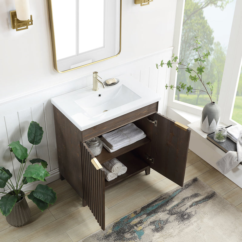 Vinnova 707630-SA-WH Palos 30" Free-standing Single Bath Vanity in Spruce Antique Brown with Drop-In White Ceramic Basin Top