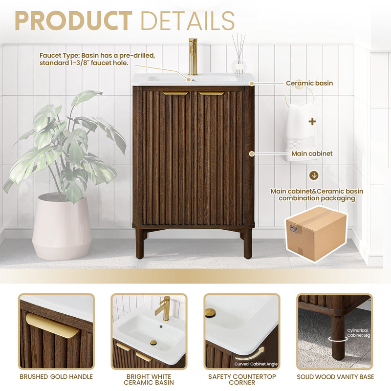 Vinnova 708224-AD-WH Mumbai 24" Free-standing Single Bath Vanity in Aged Dark Brown Oak with Drop-In White Ceramic Basin Top