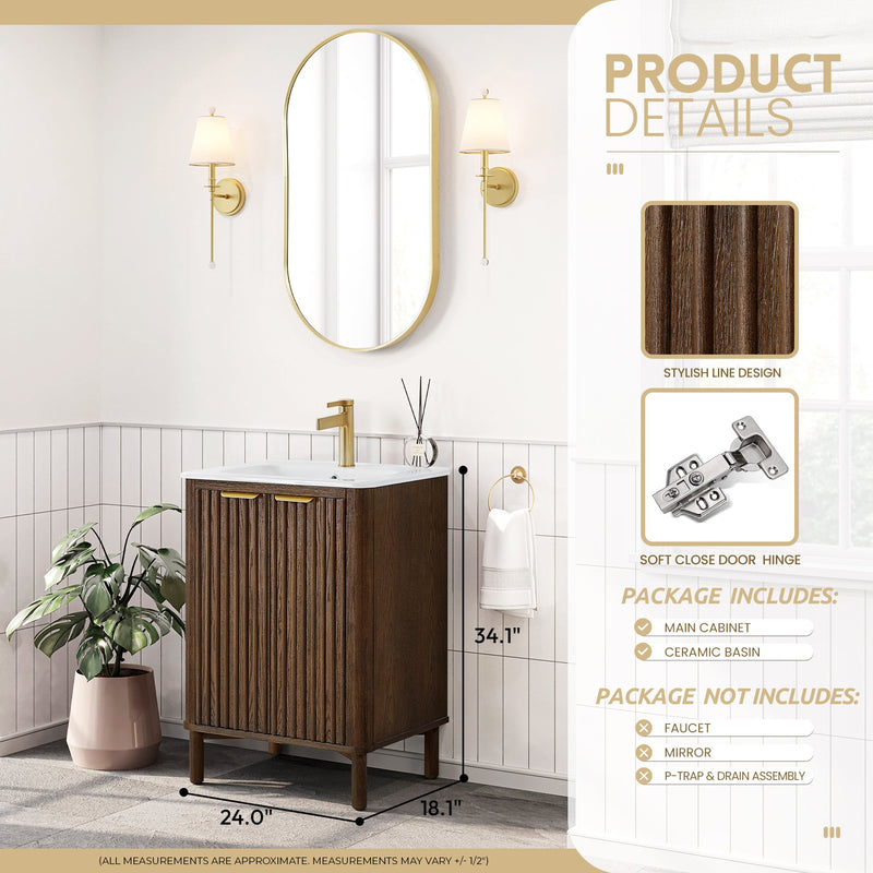 Vinnova 708224-AD-WH Mumbai 24" Free-standing Single Bath Vanity in Aged Dark Brown Oak with Drop-In White Ceramic Basin Top