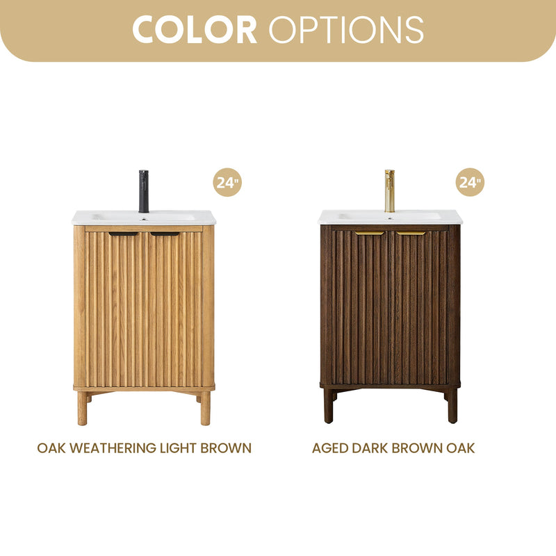 Vinnova 708224-AD-WH Mumbai 24" Free-standing Single Bath Vanity in Aged Dark Brown Oak with Drop-In White Ceramic Basin Top