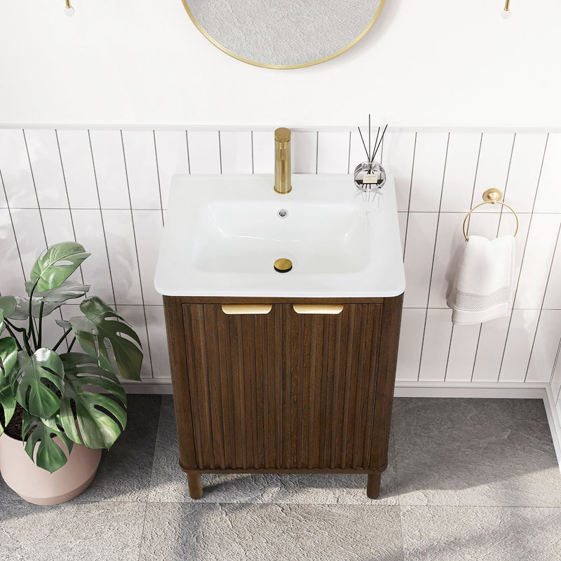 Vinnova 708224-AD-WH Mumbai 24" Free-standing Single Bath Vanity in Aged Dark Brown Oak with Drop-In White Ceramic Basin Top