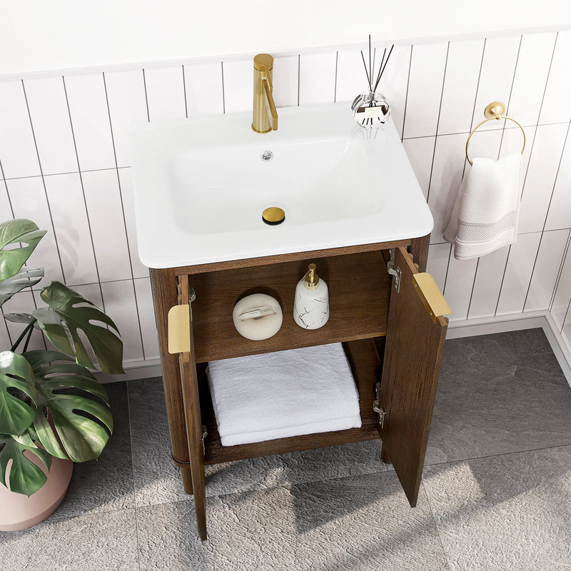Vinnova 708224-AD-WH Mumbai 24" Free-standing Single Bath Vanity in Aged Dark Brown Oak with Drop-In White Ceramic Basin Top