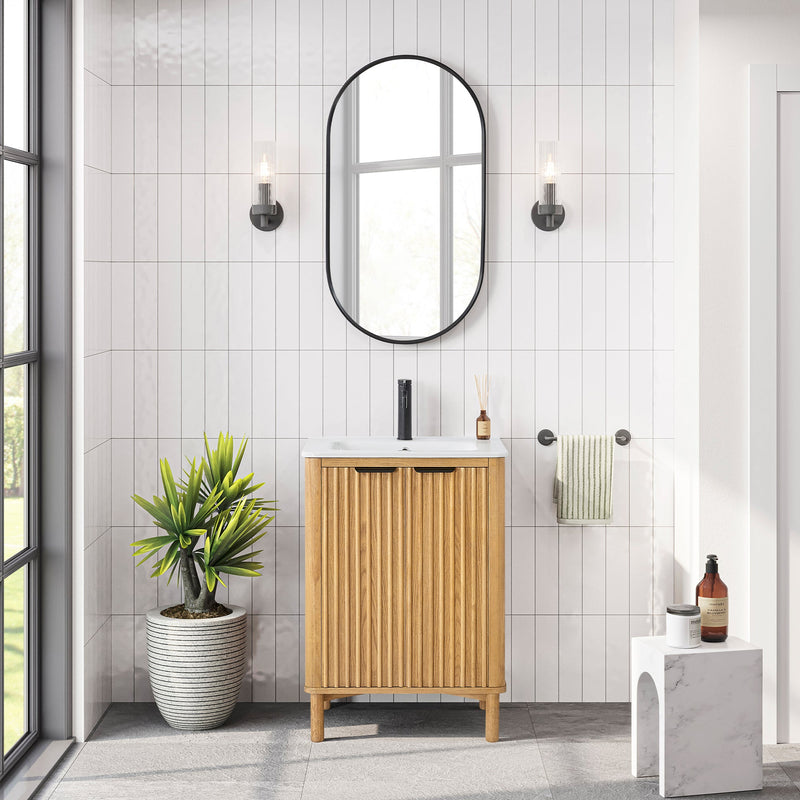 Vinnova 708224-WN-WH Mumbai 24" Free-standing Single Bath Vanity in Oak Weathering Light Brown with Drop-In White Ceramic Basin Top