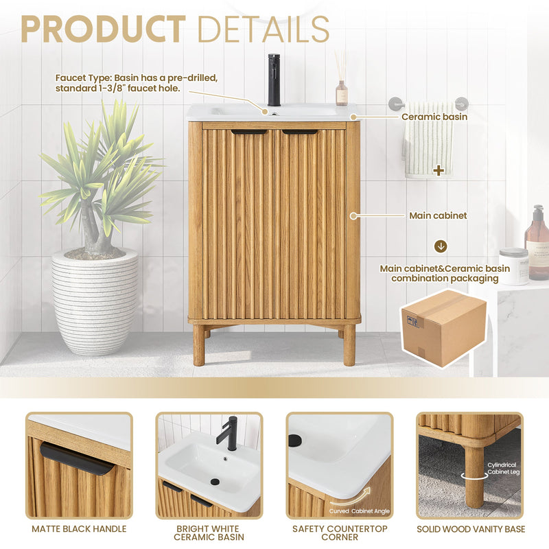 Vinnova 708224-WN-WH Mumbai 24" Free-standing Single Bath Vanity in Oak Weathering Light Brown with Drop-In White Ceramic Basin Top