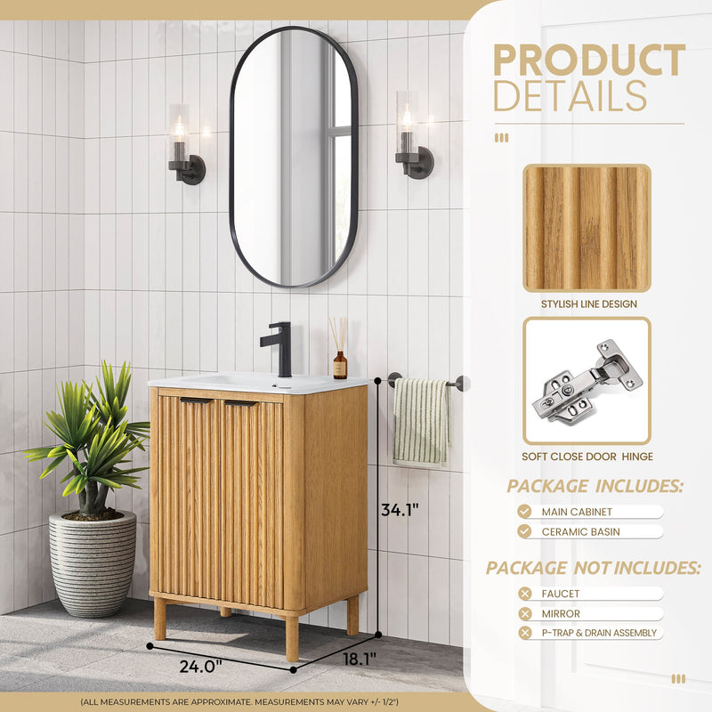 Vinnova 708224-WN-WH Mumbai 24" Free-standing Single Bath Vanity in Oak Weathering Light Brown with Drop-In White Ceramic Basin Top
