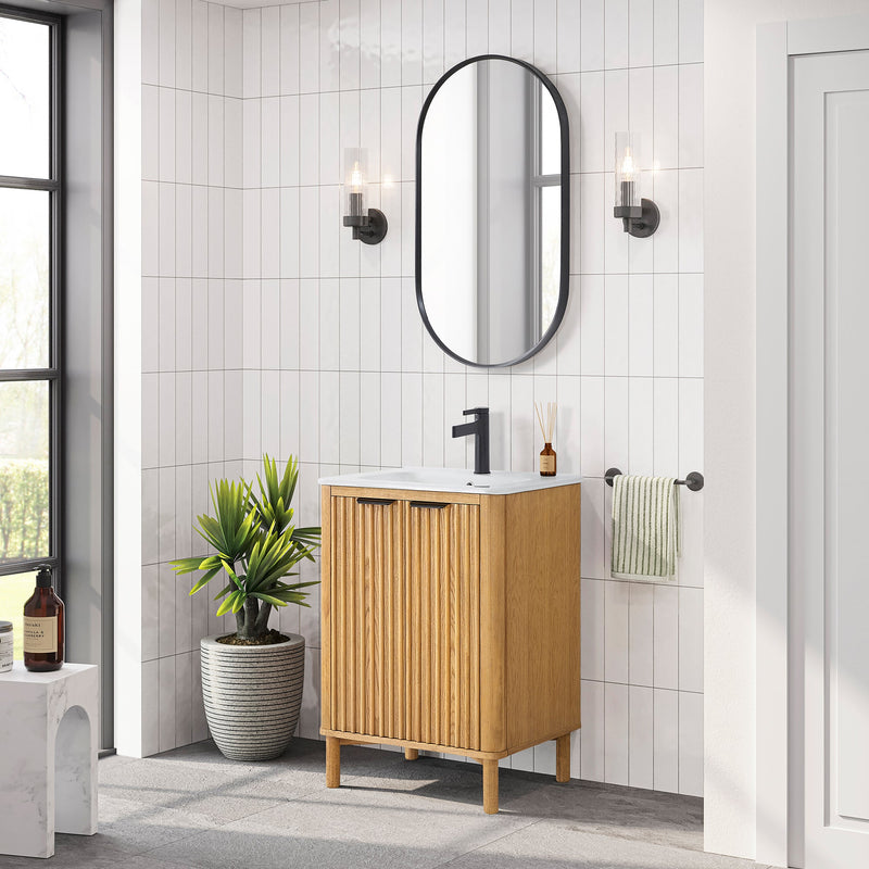 Vinnova 708224-WN-WH Mumbai 24" Free-standing Single Bath Vanity in Oak Weathering Light Brown with Drop-In White Ceramic Basin Top