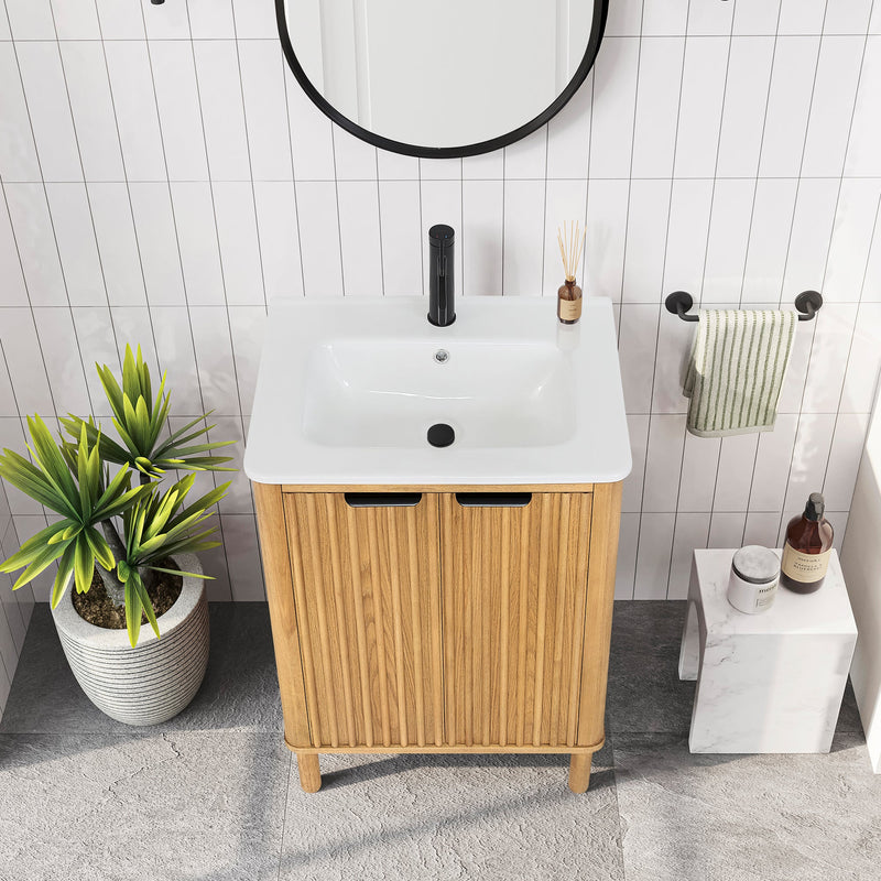 Vinnova 708224-WN-WH Mumbai 24" Free-standing Single Bath Vanity in Oak Weathering Light Brown with Drop-In White Ceramic Basin Top