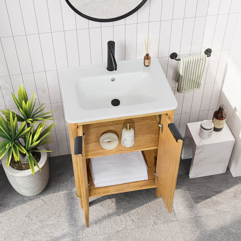Vinnova 708224-WN-WH Mumbai 24" Free-standing Single Bath Vanity in Oak Weathering Light Brown with Drop-In White Ceramic Basin Top