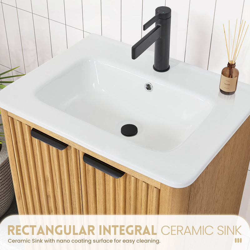 Vinnova 708224-WN-WH Mumbai 24" Free-standing Single Bath Vanity in Oak Weathering Light Brown with Drop-In White Ceramic Basin Top
