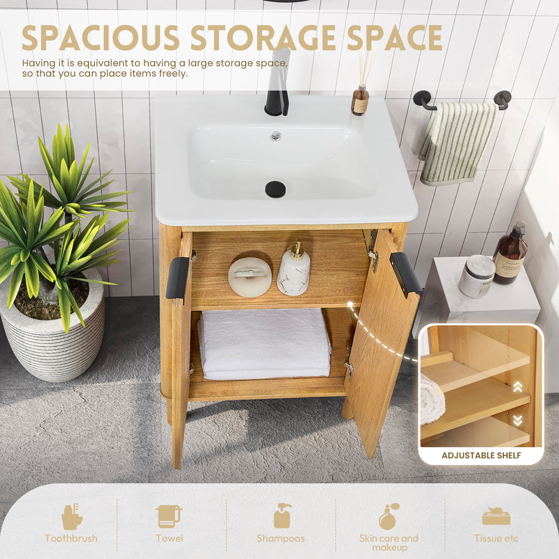 Vinnova 708224-WN-WH Mumbai 24" Free-standing Single Bath Vanity in Oak Weathering Light Brown with Drop-In White Ceramic Basin Top