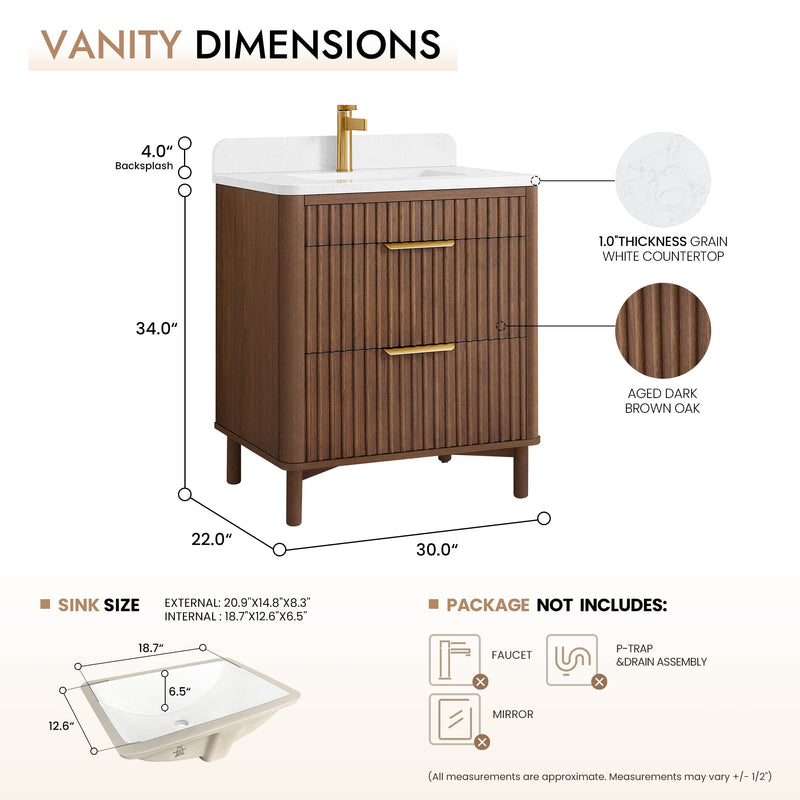 Vinnova 708230-AD-GW Mumbai 30" Single Sink Bath Vanity in Aged Dark Brown Oak