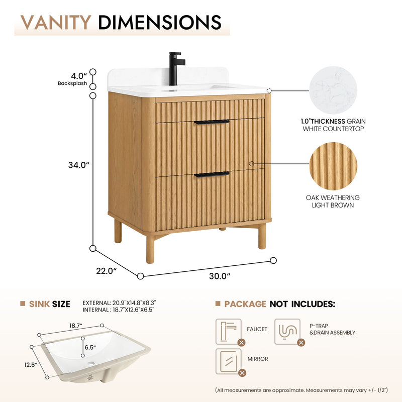 Vinnova 708230-WN-GW Mumbai 30" Single Sink Bath Vanity in Oak Weathering Light Brown