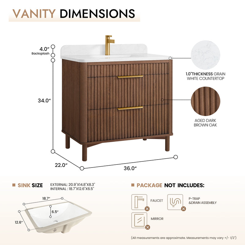 Vinnova 708236-AD-GW Mumbai 36" Single Sink Bath Vanity in Aged Dark Brown Oak