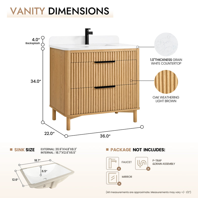 Vinnova 708236-WN-GW Mumbai 36" Single Sink Bath Vanity in Oak Weathering Light Brown