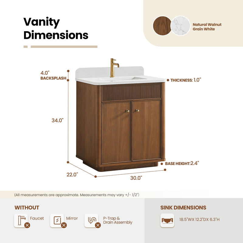 Vinnova 708730-NW-GW Zogno 30" Single Sink Bath Vanity in Natural Walnut - view 13