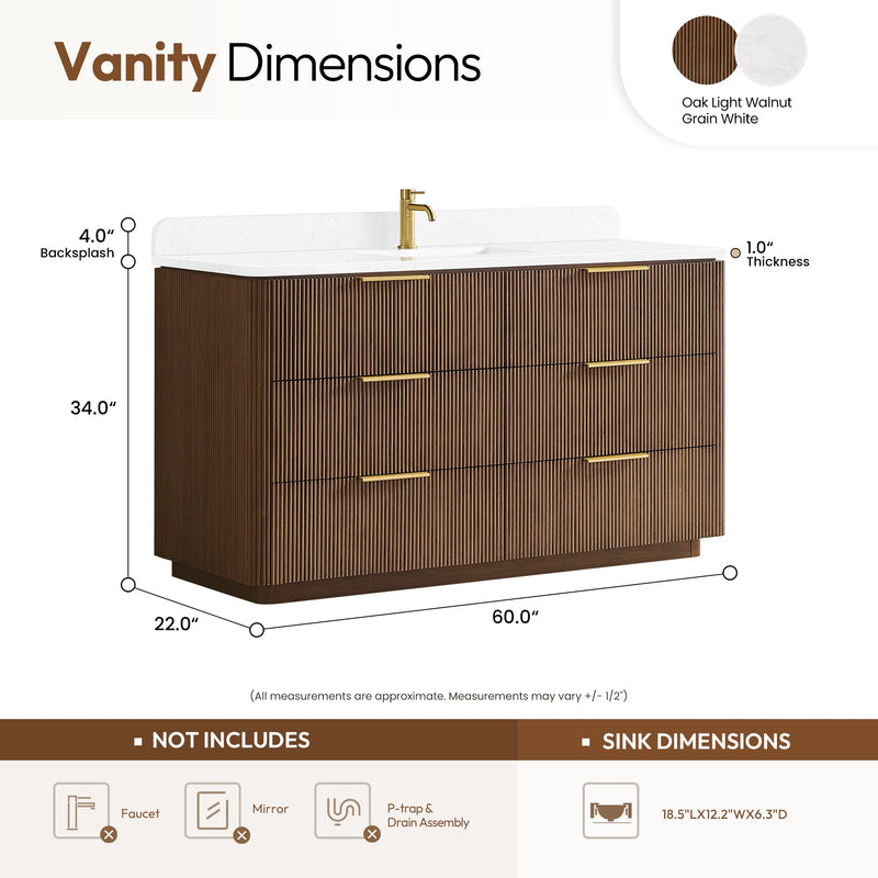 Vinnova 709160-OU-GW Zanica 60" Single Sink Bath Vanity in Oak Light Walnut - view 15
