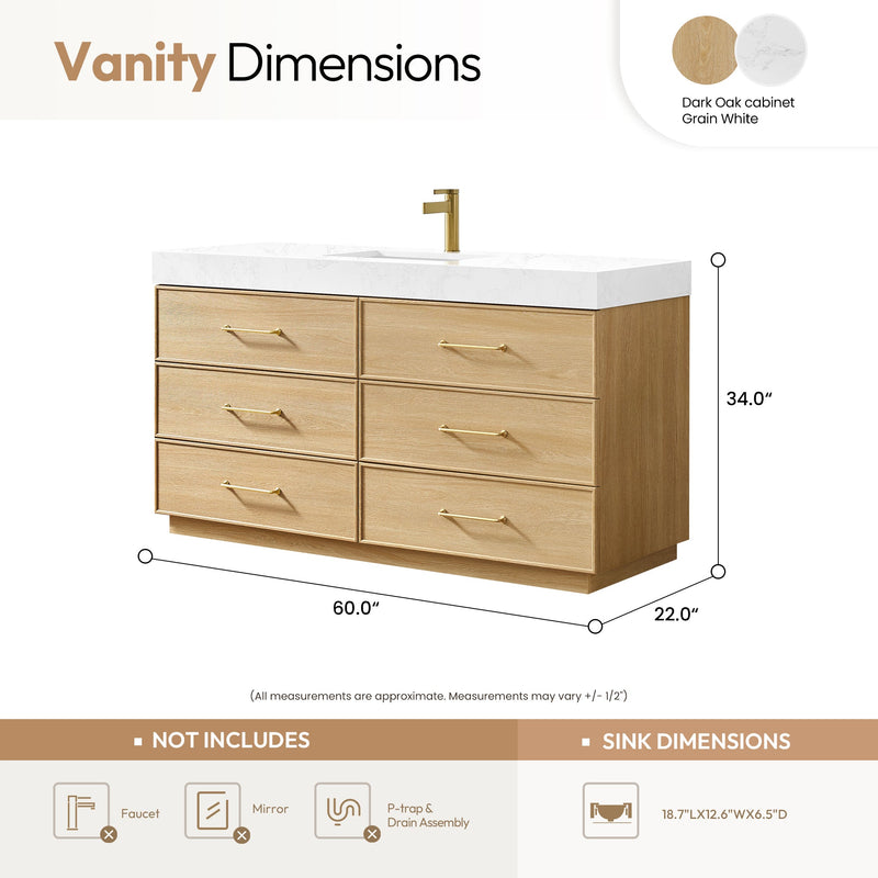 Vinnova 709760-DO-GW Turin 60" Single Sink Bath Vanity in Dark Oak - view 10