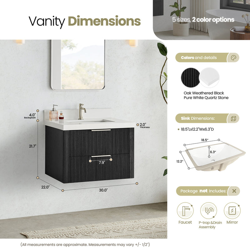Vinnova 709930-OK-PQ Barcelona 30" Floating Single Bath Vanity in Oak Weathered Black