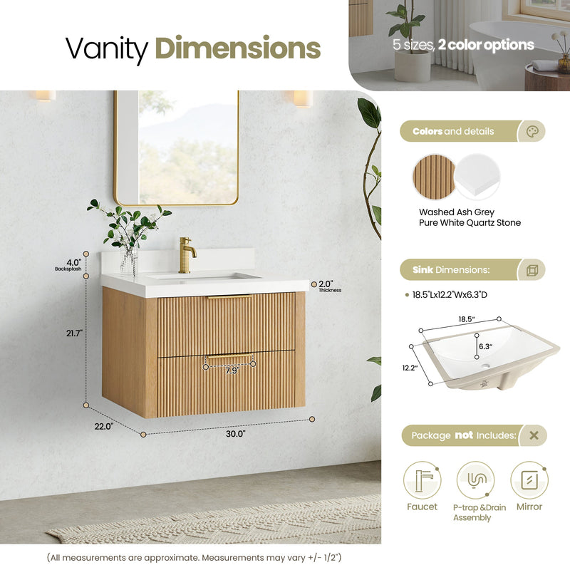 Vinnova 709930-WA-PQ Barcelona 30" Floating Single Bath Vanity in Washed Ash Grey
