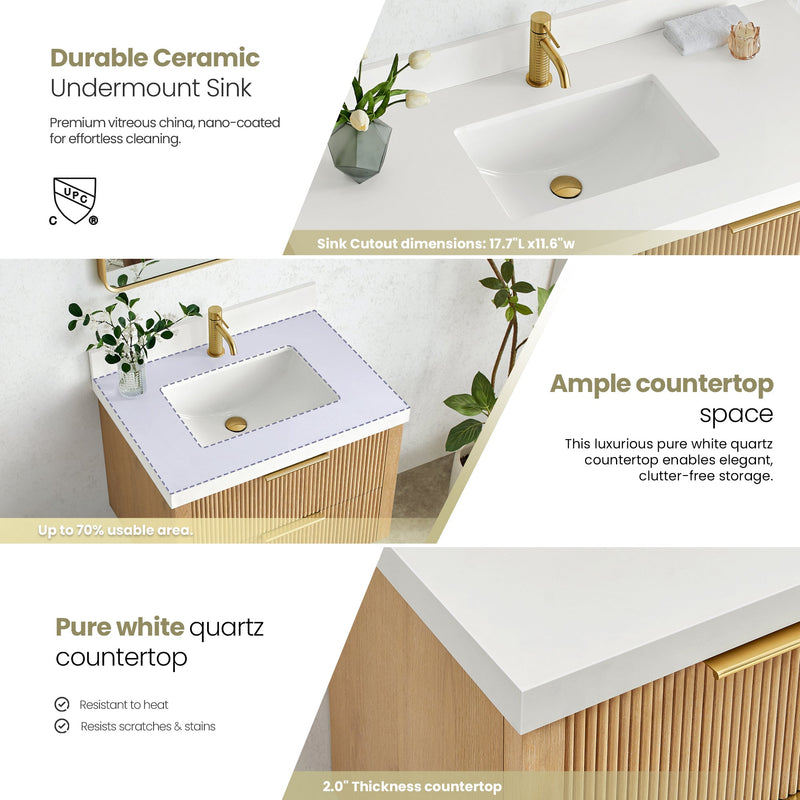 Vinnova 709930-WA-PQ Barcelona 30" Floating Single Bath Vanity in Washed Ash Grey