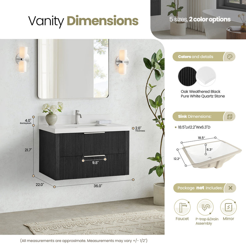 Vinnova 709936-OK-PQ Barcelona 36" Floating Single Bath Vanity in Oak Weathered Black