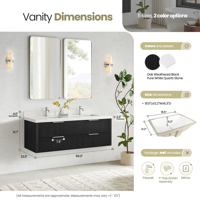 Vinnova 709960M-OK-PQ Barcelona 60M" Floating Double Bath Vanity in Oak Weathered Black