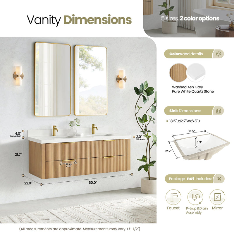 Vinnova 709960M-WA-PQ Barcelona 60M" Floating Double Bath Vanity in Washed Ash Grey