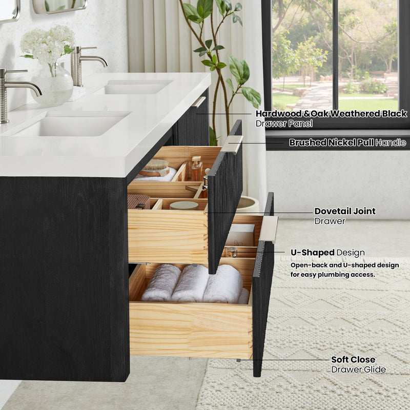 Vinnova 709972-OK-PQ Barcelona 72" Floating Double Bath Vanity in Oak Weathered Black