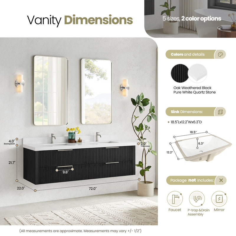 Vinnova 709972-OK-PQ Barcelona 72" Floating Double Bath Vanity in Oak Weathered Black