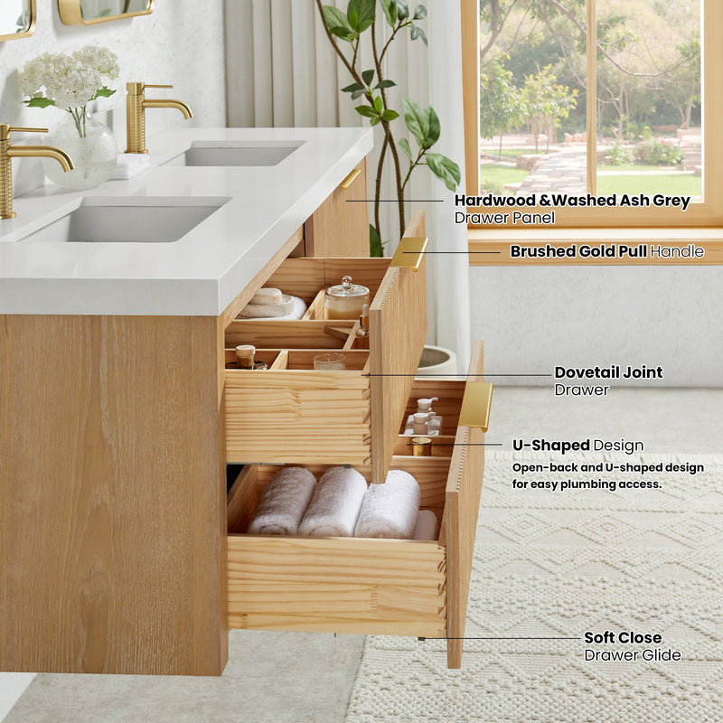 Vinnova 709972-WA-PQ Barcelona 72" Floating Double Bath Vanity in Washed Ash Grey