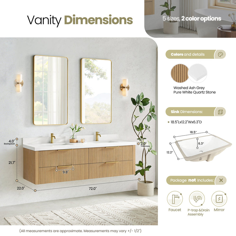 Vinnova 709972-WA-PQ Barcelona 72" Floating Double Bath Vanity in Washed Ash Grey