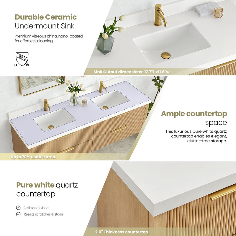 Vinnova 709972-WA-PQ Barcelona 72" Floating Double Bath Vanity in Washed Ash Grey