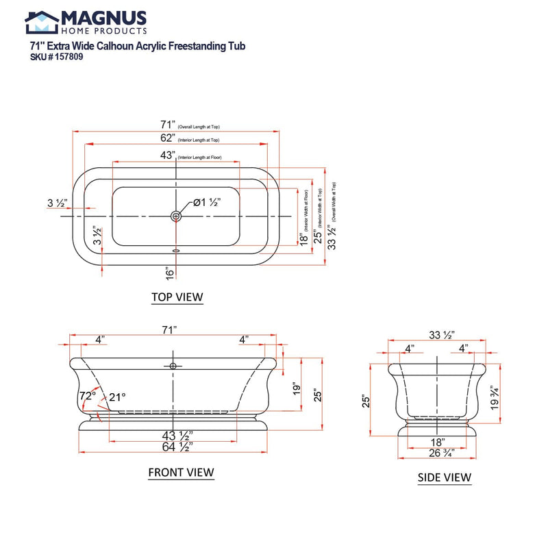 Magnus 158365 71" Extra Wide Calhoun Acrylic Freestanding Tub With Insulation - Glossy Black