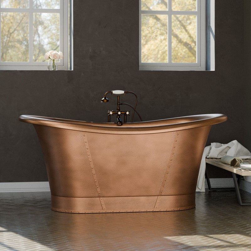 Magnus 157426 72" Hayward Hammered Copper Double Slipper Pedestal Tub with Copper Rivets