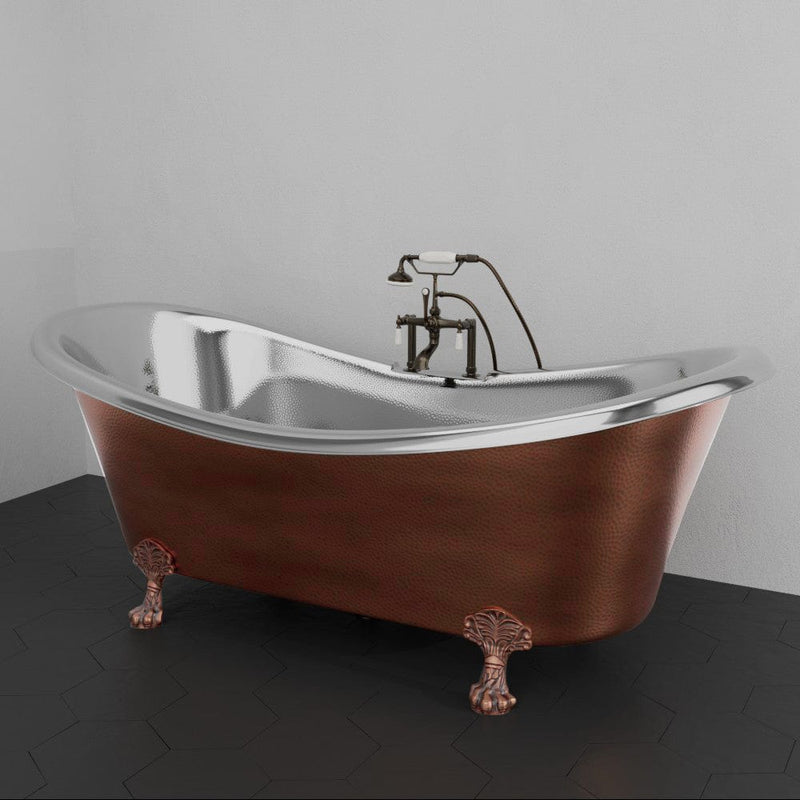 Magnus 157430 72" Kenlee Double Slipper Hammered Copper Clawfoot Tub with Rolled Rim - Polished Nickel Interior with Antique Copper Exterior