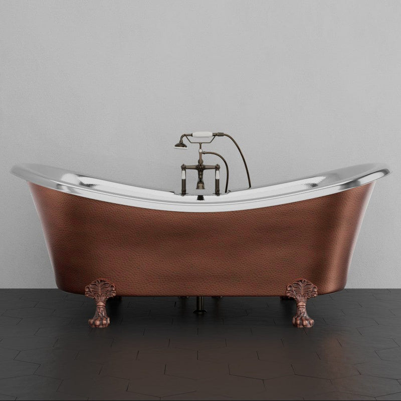 Magnus 157430 72" Kenlee Double Slipper Hammered Copper Clawfoot Tub with Rolled Rim - Polished Nickel Interior with Antique Copper Exterior