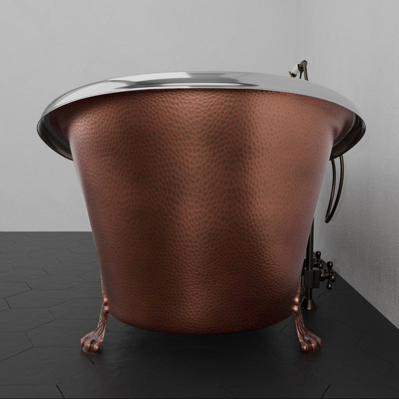 Magnus 157430 72" Kenlee Double Slipper Hammered Copper Clawfoot Tub with Rolled Rim - Polished Nickel Interior with Antique Copper Exterior