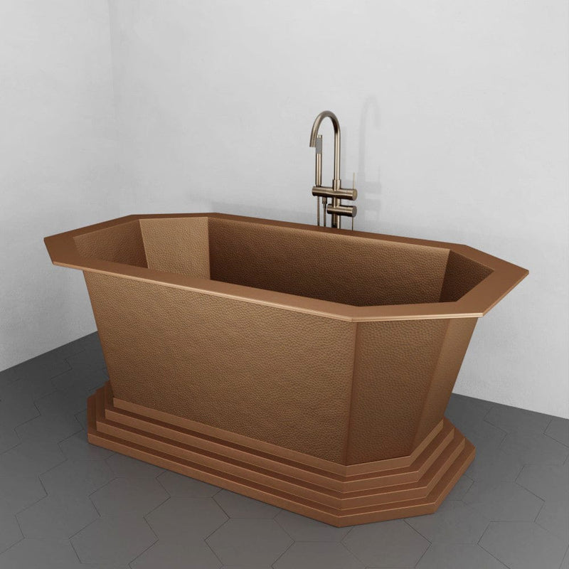 Magnus 150707 72" x 40" Vargas Extra Wide Octagon Copper Double Slipper Hammered Bathtub with Pedestal