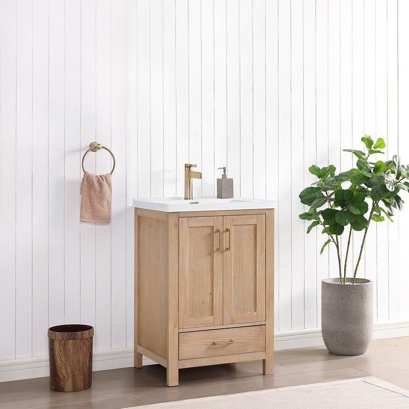 Vinnova 723024-FN-WH Gela 24" Single Sink Bath Vanity in Fir Wood Brown with Drop-In White Ceramic Basin