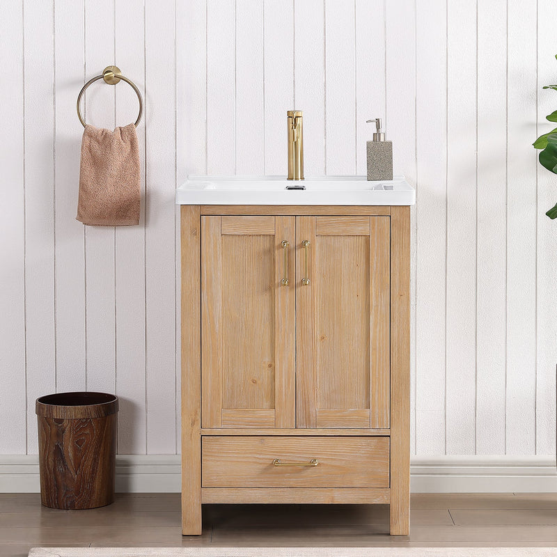 Vinnova 723024-FN-WH Gela 24" Single Sink Bath Vanity in Fir Wood Brown with Drop-In White Ceramic Basin