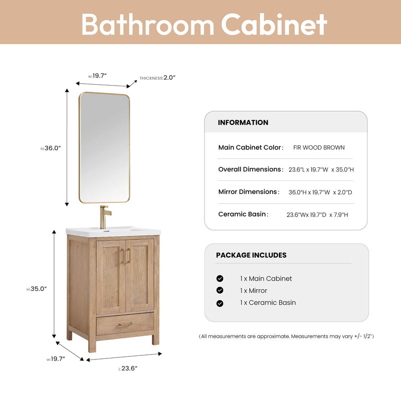 Vinnova 723024-FN-WH Gela 24" Single Sink Bath Vanity in Fir Wood Brown with Drop-In White Ceramic Basin