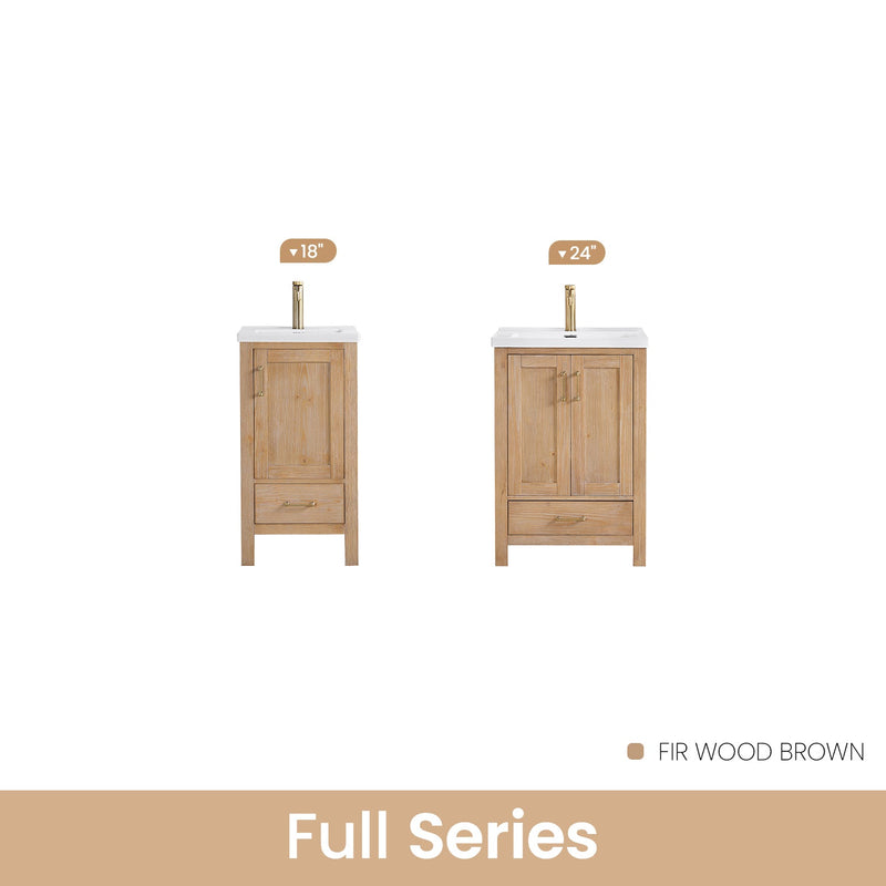 Vinnova 723024-FN-WH Gela 24" Single Sink Bath Vanity in Fir Wood Brown with Drop-In White Ceramic Basin
