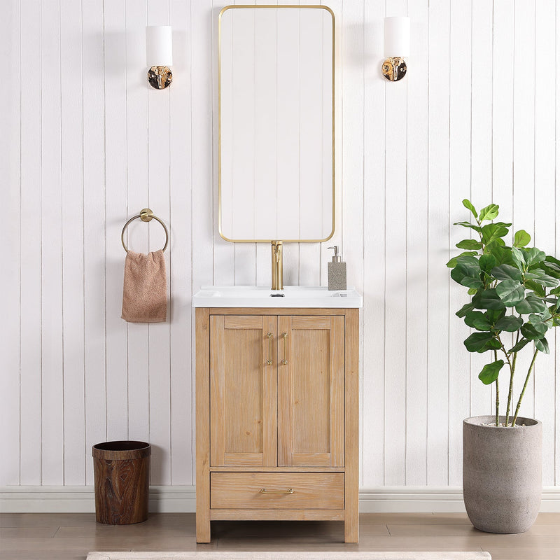 Vinnova 723024-FN-WH Gela 24" Single Sink Bath Vanity in Fir Wood Brown with Drop-In White Ceramic Basin