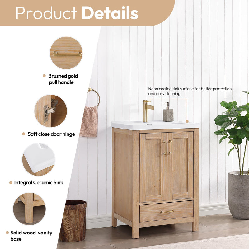 Vinnova 723024-FN-WH Gela 24" Single Sink Bath Vanity in Fir Wood Brown with Drop-In White Ceramic Basin