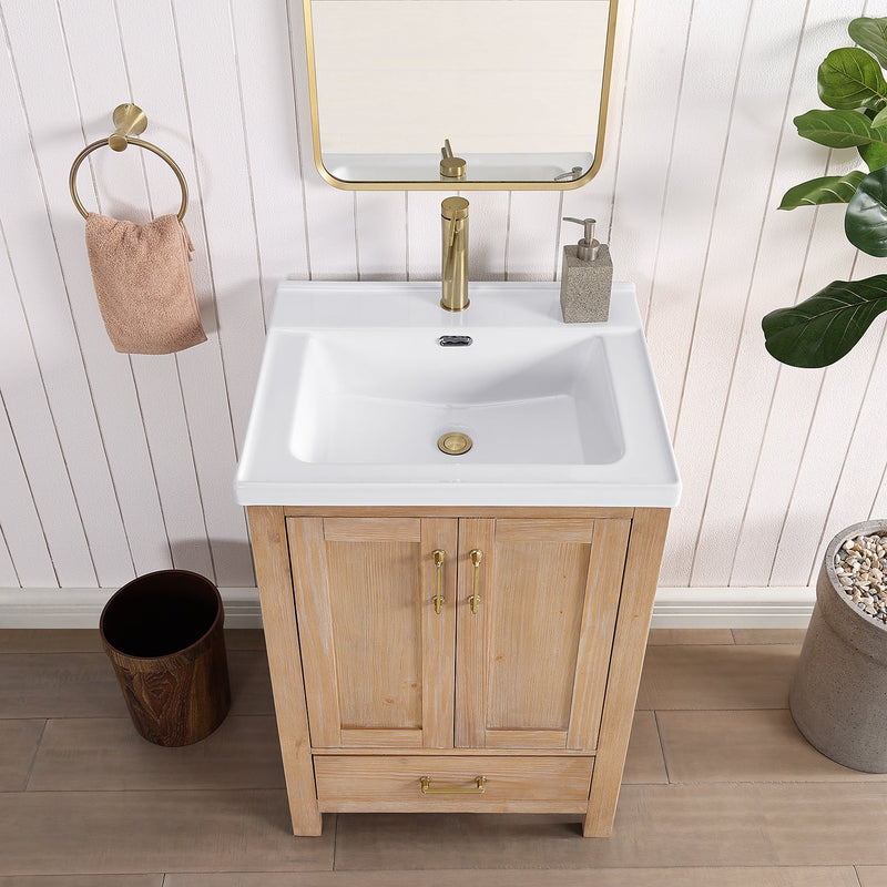 Vinnova 723024-FN-WH Gela 24" Single Sink Bath Vanity in Fir Wood Brown with Drop-In White Ceramic Basin