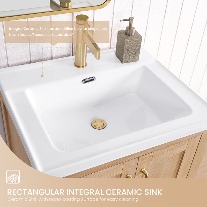 Vinnova 723024-FN-WH Gela 24" Single Sink Bath Vanity in Fir Wood Brown with Drop-In White Ceramic Basin