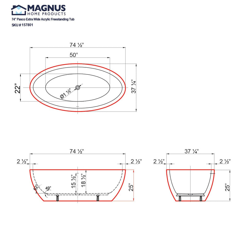 Magnus 157801 74" Pasco Extra Wide Acrylic Freestanding Tub With Insulation