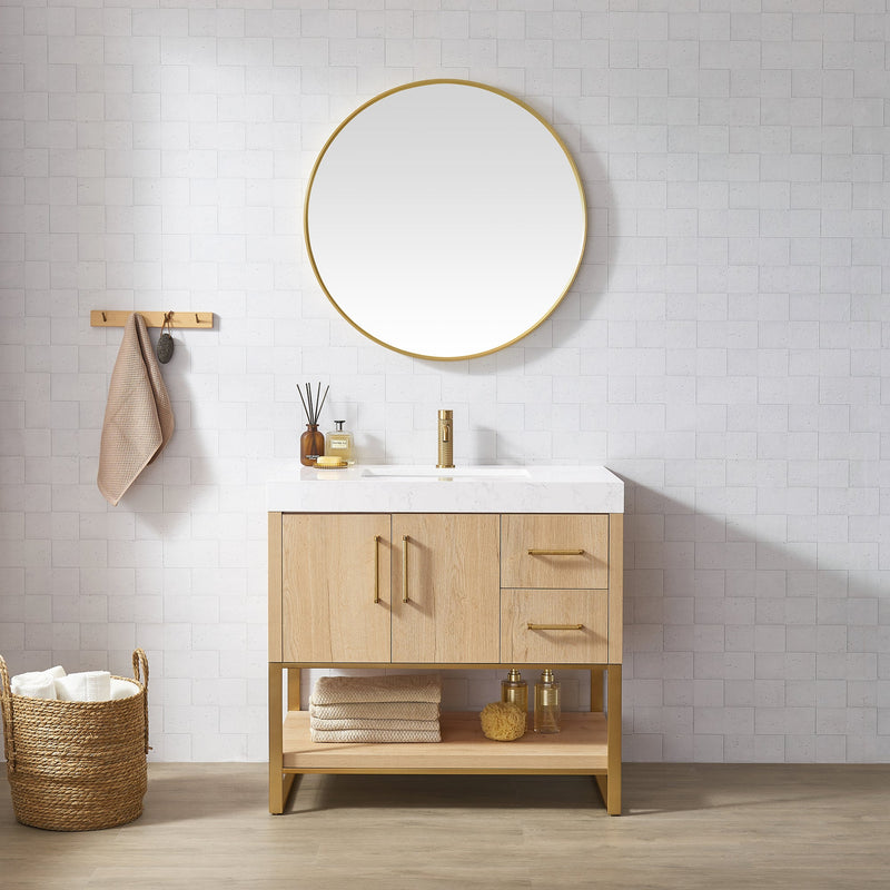 Vinnova 796036-WO-GW Kolkata 36" Single Sink Bath Vanity in Weathered Oak with White Grain Composite Stone Top